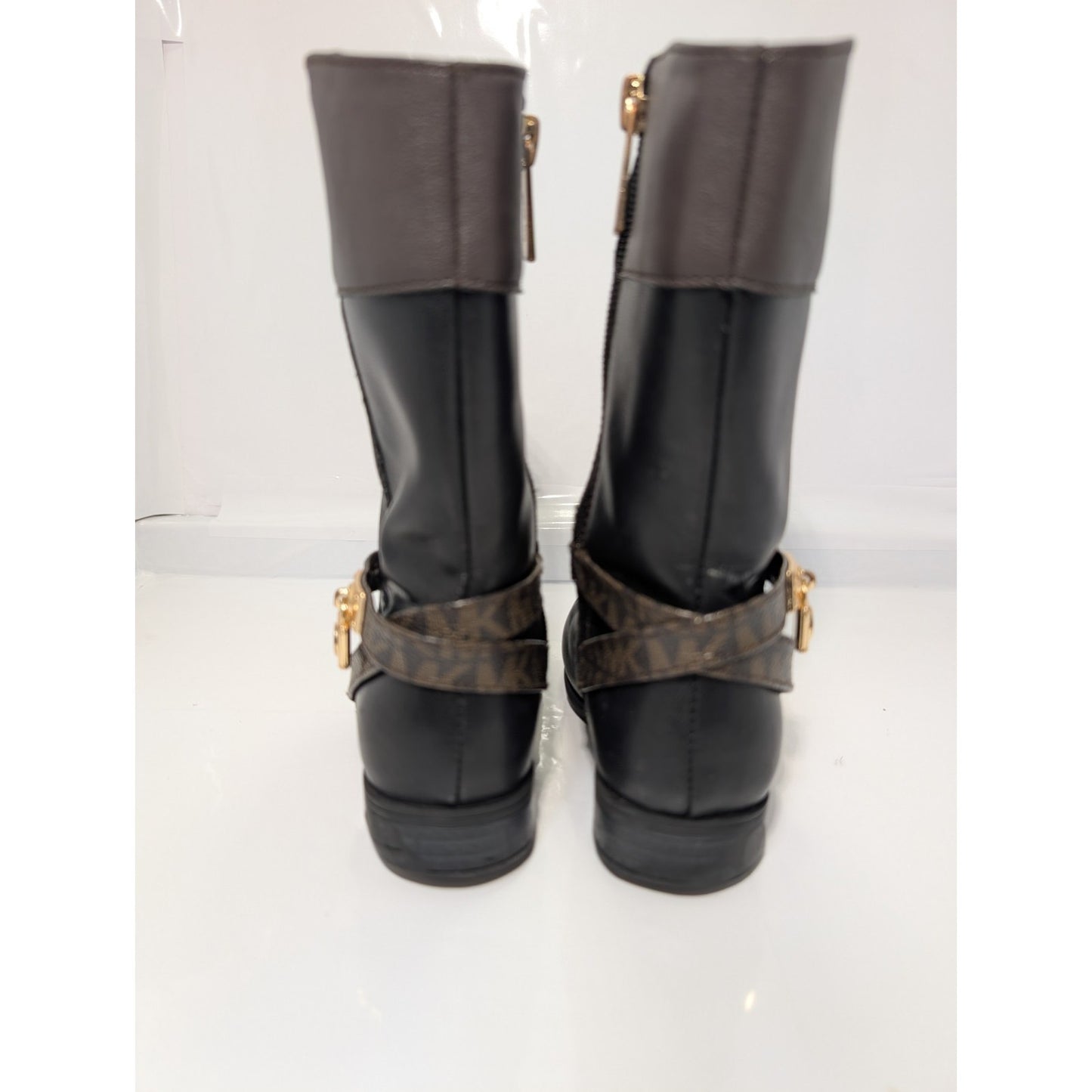 Michael Kors Girls Black Leather Boots Size 9 Kids Black Brown Logo.