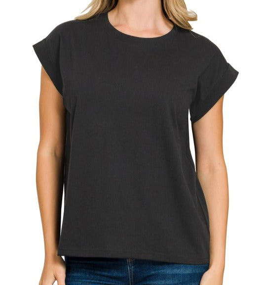 Round Neck Folded Short Sleeve T-shirt