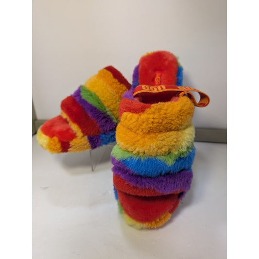Women's UGG FLUFF SLIDES YEAH RAINBOW PLATFORM SLIPPERS SIZE 9 NWOT
