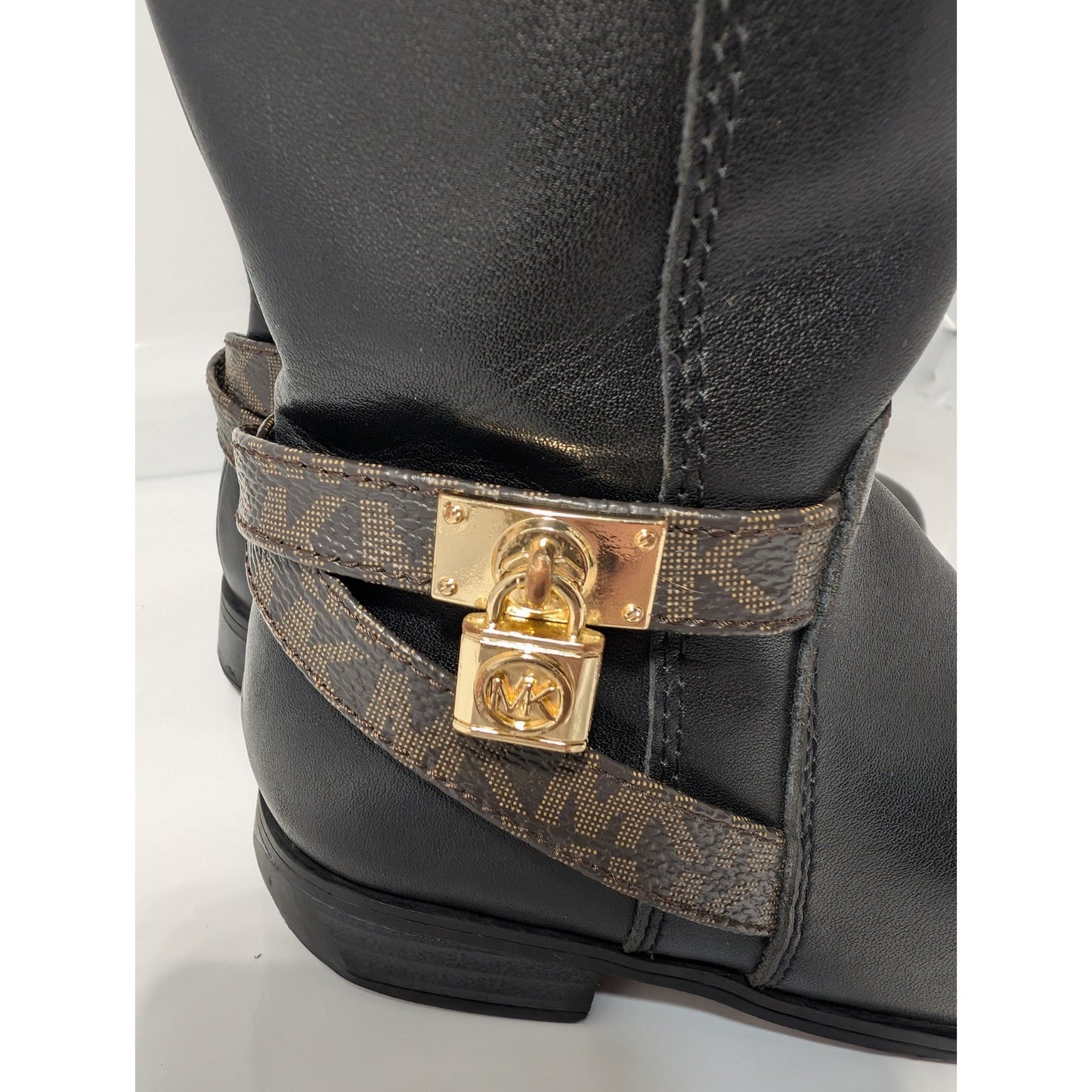 Michael Kors Girls Black Leather Boots Size 9 Kids Black Brown Logo.
