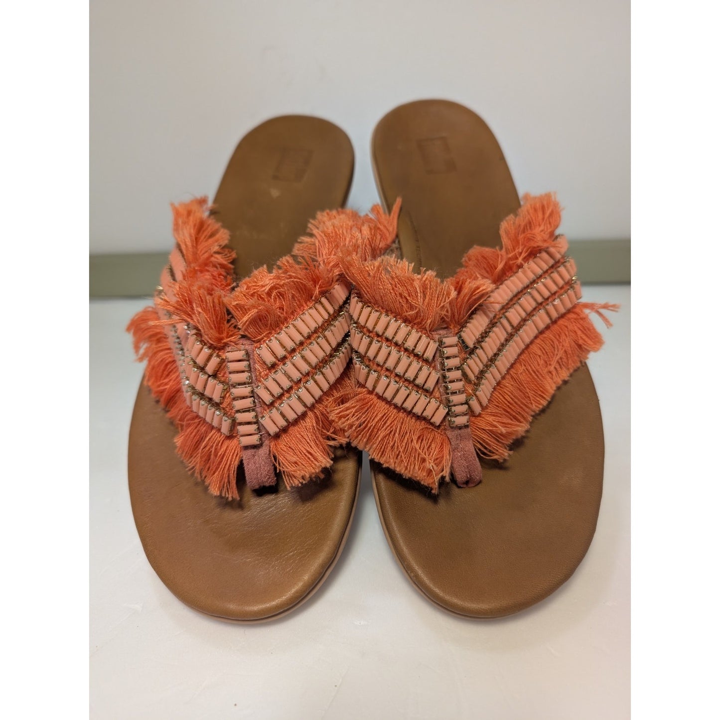 Fitflop Ava Crystalstone Fringy Sandal 7 Coral Lava Orthopedic Shoe Orig $60
