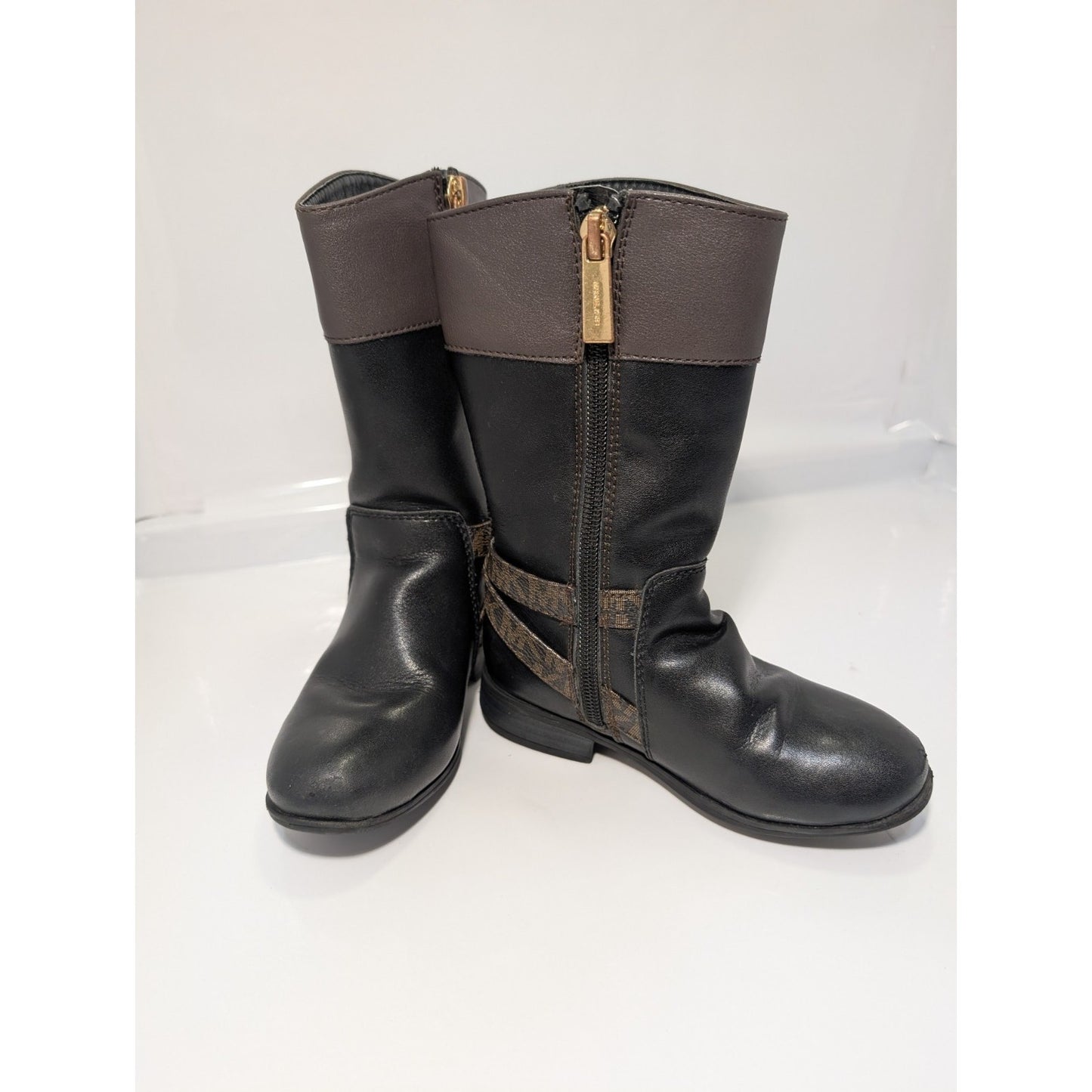 Michael Kors Girls Black Leather Boots Size 9 Kids Black Brown Logo.