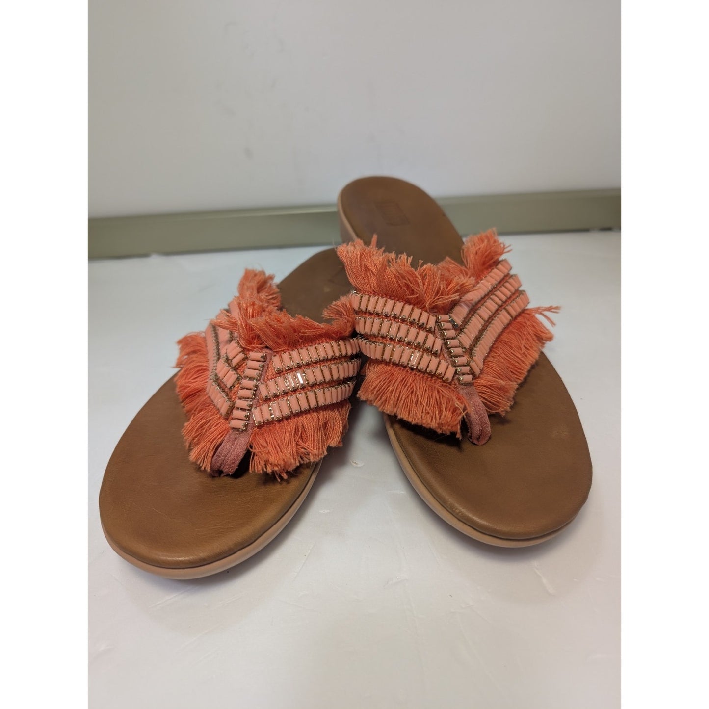 Fitflop Ava Crystalstone Fringy Sandal 7 Coral Lava Orthopedic Shoe Orig $60